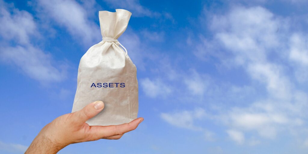 a man holding a money bag with the word Assets on it