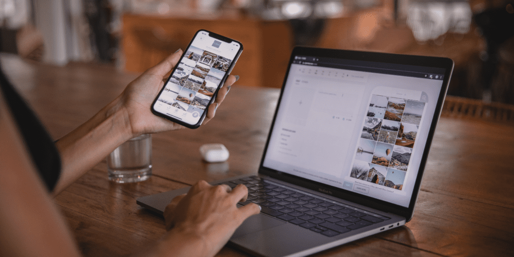 blogger using her phone and laptop to work