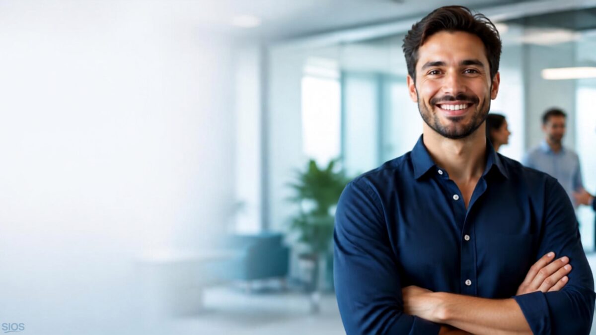 Professional standing confidently in an office, representing the importance of building a positive career reputation.