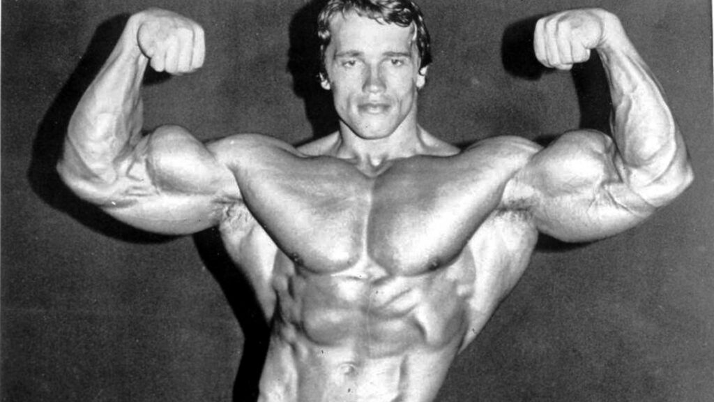Photo of Arnold Schwarzenegger before defending the title for his fifth Mr. Olympia contest in 1974.